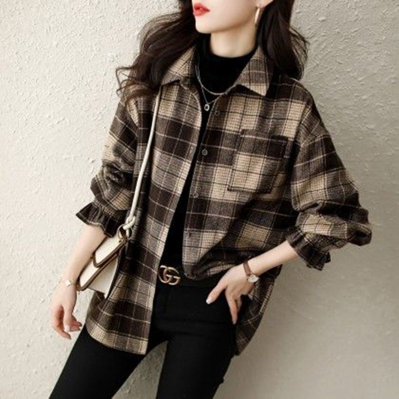 2025 Spring and Autumn Brushed New Fashion Loose Temperament Retro Plaid Casual Lace Sleeve Large Size Shirt Jacket