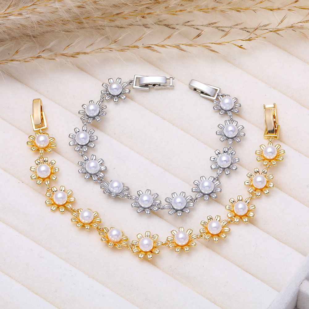 Pulsera de cobre puro lujosa y a la moda para mujer con diseño geométrico de flor de girasol y perlas, única y sencilla._voghion.com