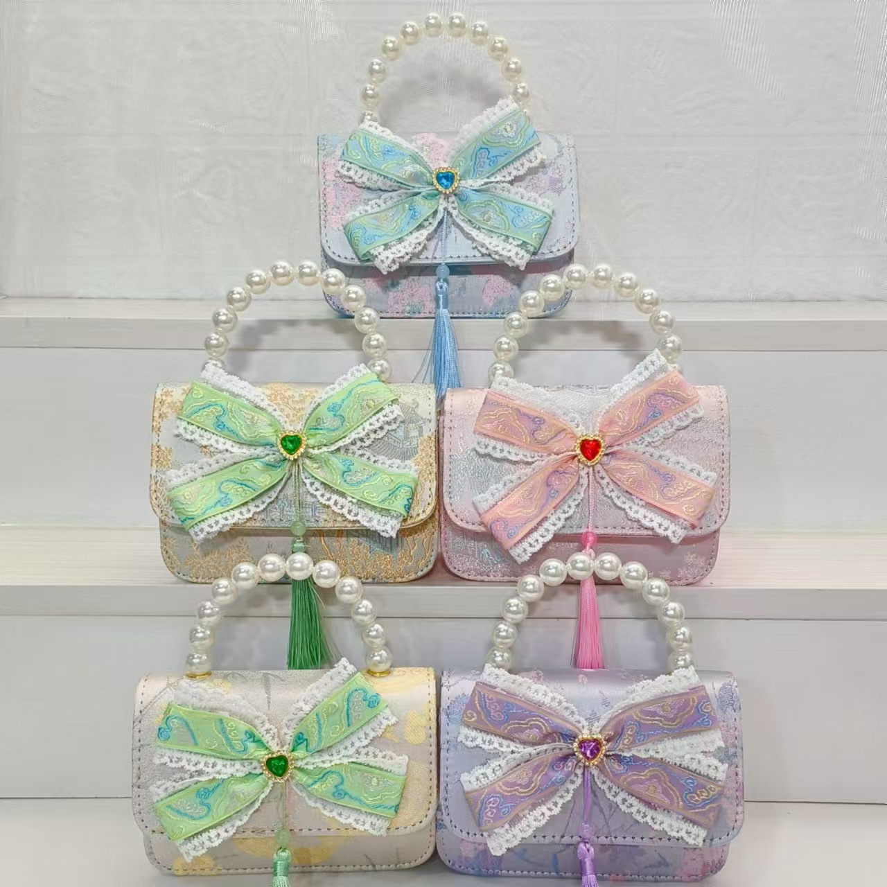 Guofeng arco princesa bolso de perla bolso de hombro bolso de cambio bolso pequeño bolso cuadrado bolso accesorios de ropa de niñas