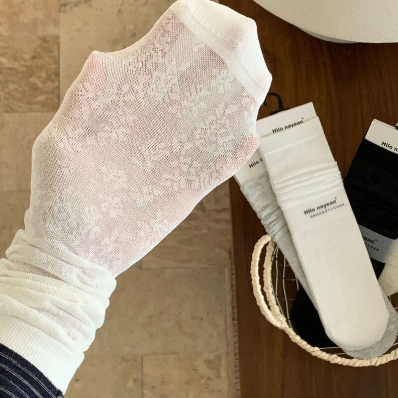 Nayean Spring/Summer New Mid-Calf Socks with Hollow-Out Pattern, Floral Design, Breathable Mesh Thin Style, Stacked Socks