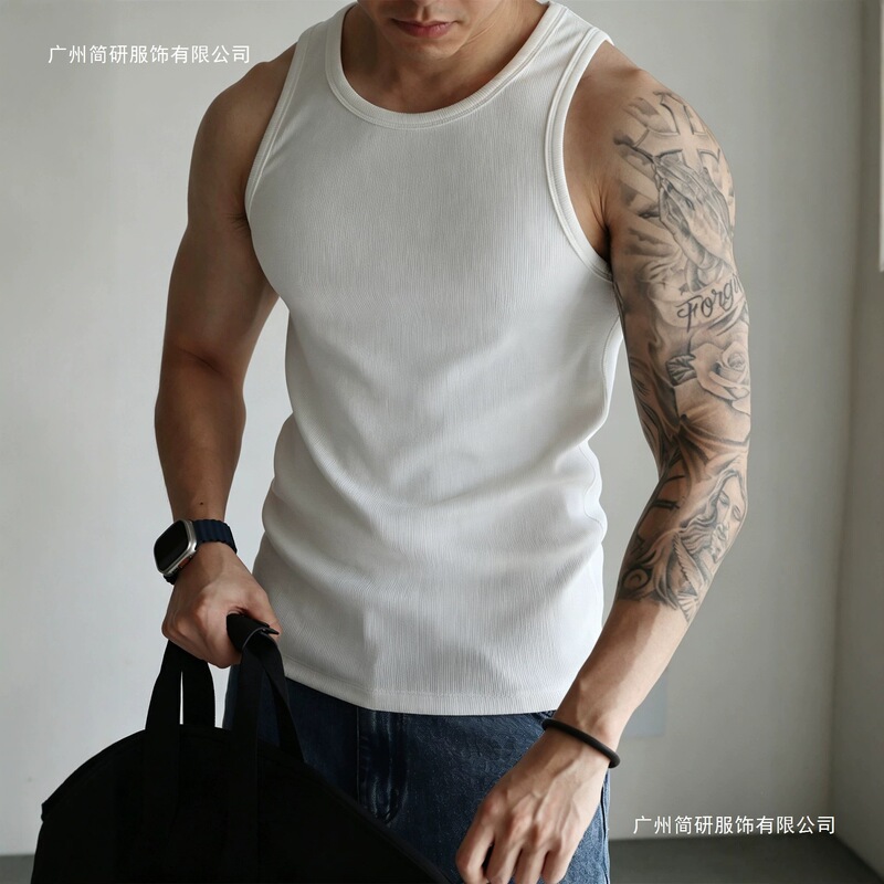 Cotton scoop neck ribbed tank top, stretchy, slim fit, casual fitness sports, spring/summer base layer, men's elegant white and black