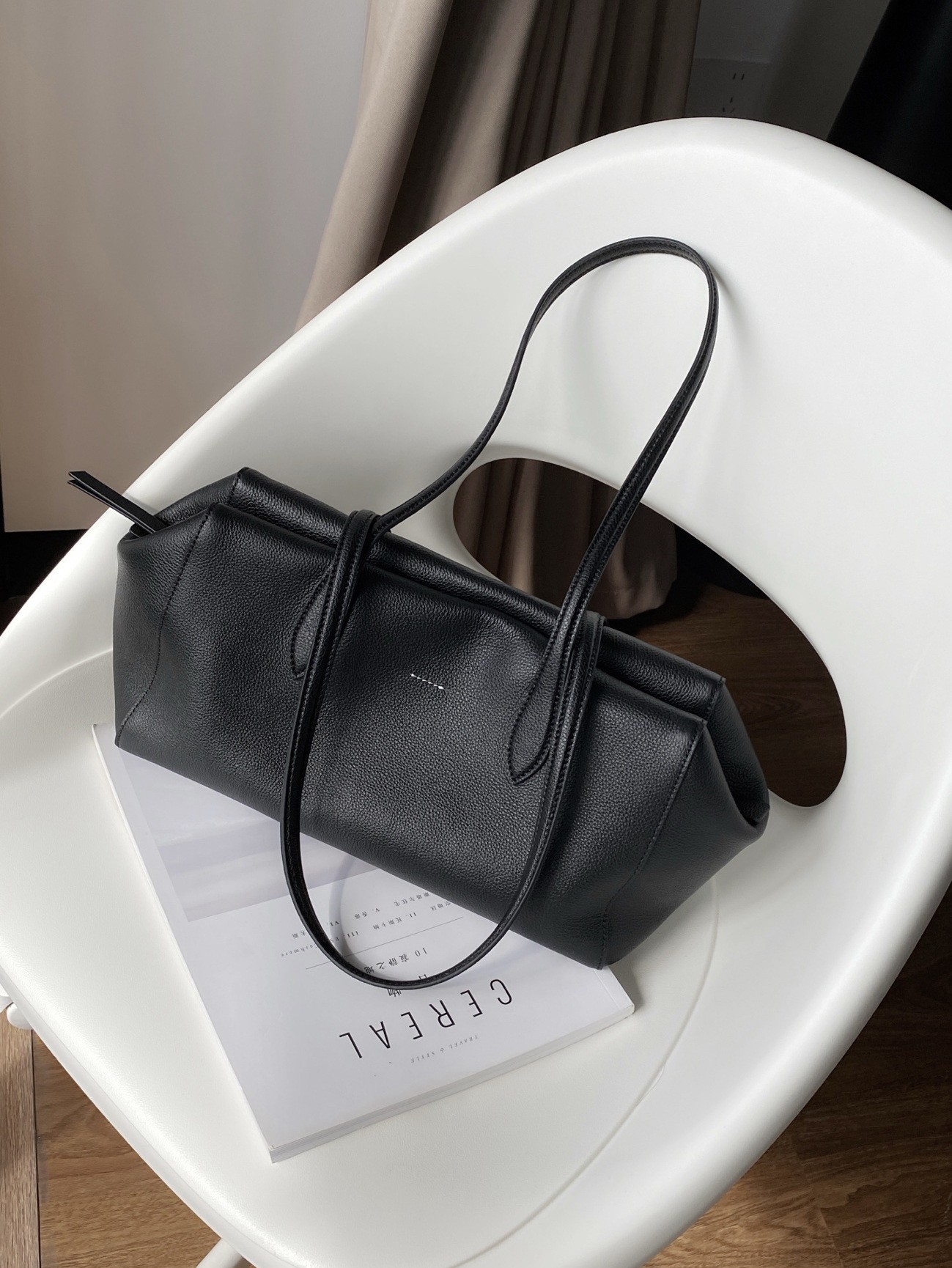 Korean Niche Top Grain Cowhide Underarm Tote Bag For Women, Fashion Genuine Leather Commuter Shoulder Handbag Boston Bag - Thumbnail 6