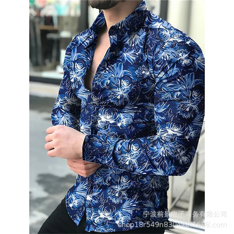 2025wish AliExpress 新しいメンズ 3D デジタルプリント長袖シャツ春メンズラペルスリムトップ|undefined