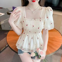 女性用シフォンガーゼトップス、夏の花柄半袖パフスリーブお腹カバー半袖Tシャツ、デザインスクエアネックシックシャツ