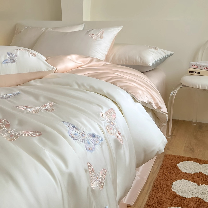 Light Luxury American 100S Tencel Cotton Butterfly Embroider Four-Piece Summer Cool Ice Silk Quilt Cover Bed Sheetss Bedding