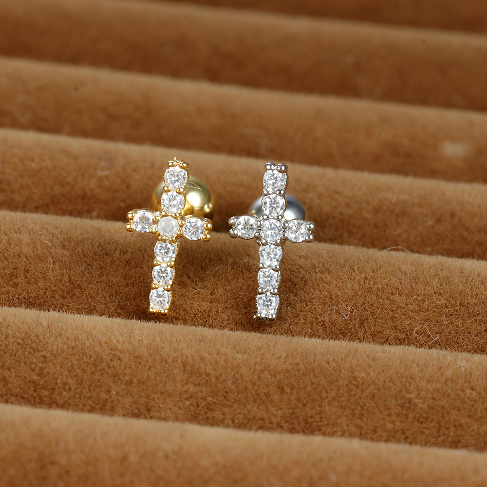 Cross-border hot sale cross diamond ear bone nail stainless steel twist ball thin rod light luxury exquisite piercing small ear studs earrings