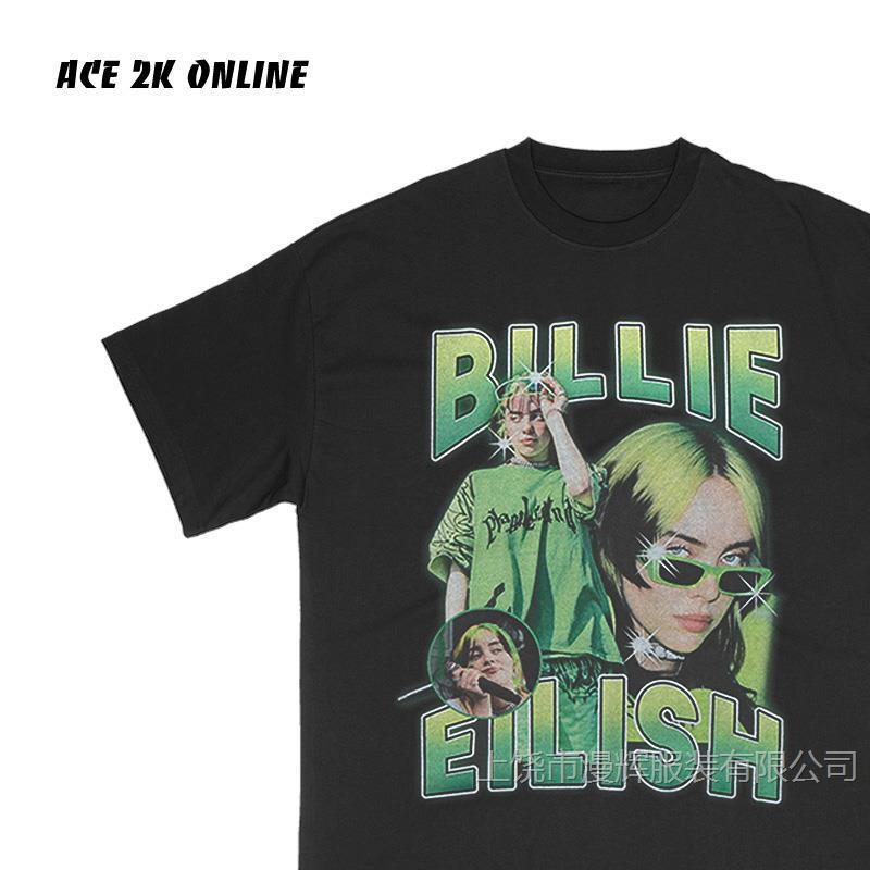 Billie Eilish Green American Style Retro T-shirt oversize Trendy Top Washed and Old Short Sleeve