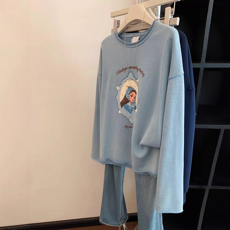 Blue Beaded Printed Pullover Round Neck Long-Sleeved T-Shirt for Women in Early Autumn, Loose and Versatile, with a Great-Looking Bottoming Top