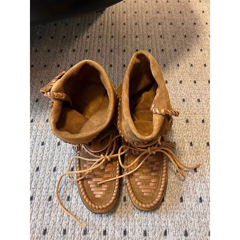 牛皮~内增高靴子复古流苏绑带西部靴女真皮显瘦靴筒可翻折堆堆靴|undefined
