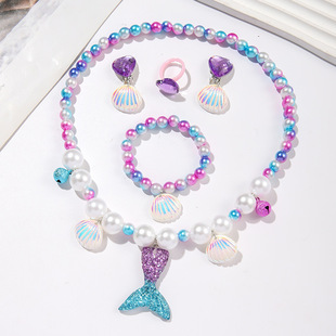 New Children's Mermaid Princess Jewelry Shell Cute Girls Jewelry Girls Pearl Bracelet Necklace Set Gift