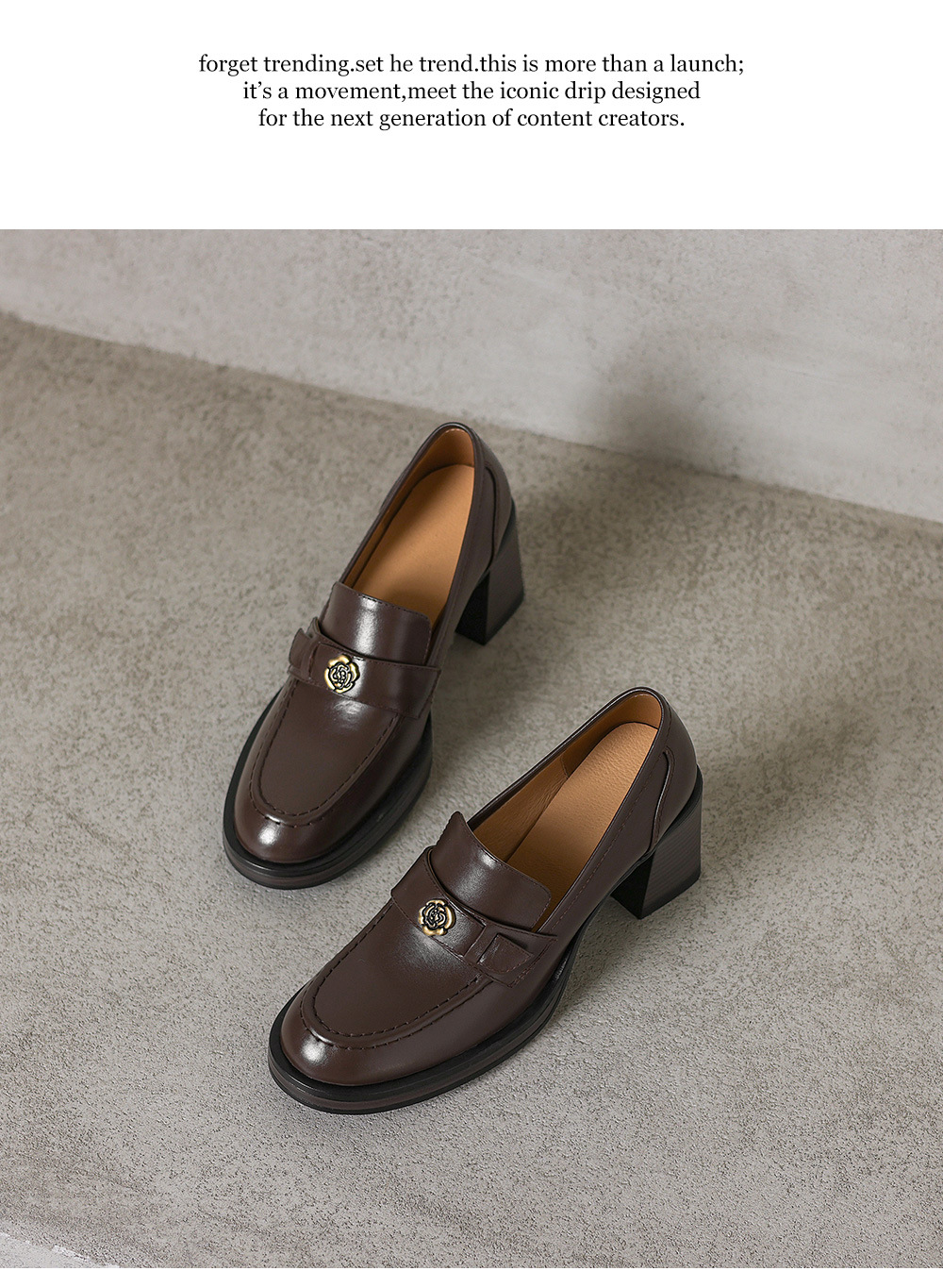 Giày loafer nữ cao gót phong cách Anh quốc vintage, da bò thật gót vuông — màu nâu chi tiết 20