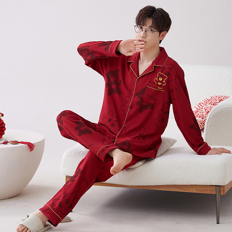 Pijamas hombres primavera y otoño algodón manga larga rojo brillante año animal algodón fino otoño primavera y verano ropa para el hogar