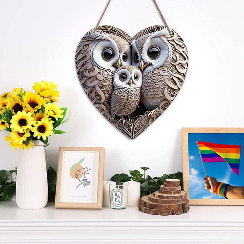 Vintage Creative Heart Shaped Three Owls Wooden Wall Hanging Decoration, Home Decor Door Nameplate