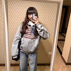 美式复古旗帜图案印花连帽开衫拉链卫衣男女秋冬休闲宽松运动外套