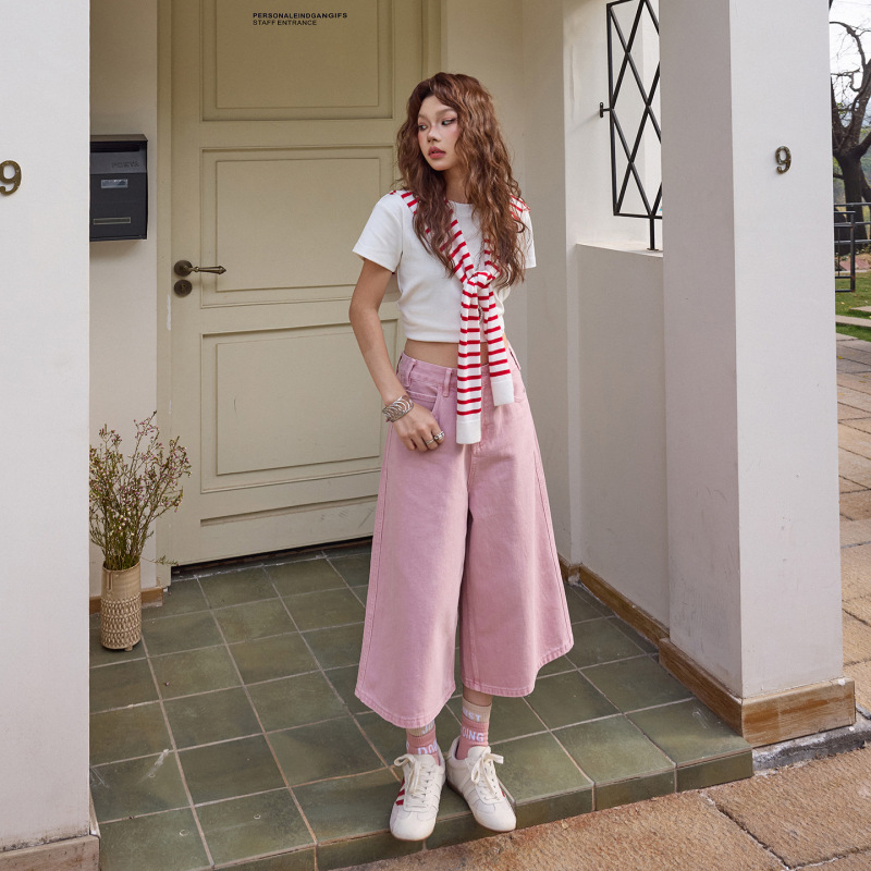 Childish Orange # Sweet and Fresh Pink Wide-Leg Jeans for Women, High-Waisted, Slimming, Flattering, Versatile, Straight-Cut, Cropped Pants. Childish Orange # Sweet and Fresh Pink Wide-Leg Jeans for Women, High-Waisted, Slimming, Flattering, Versatile, Straight-Cut, Cropped Pants.