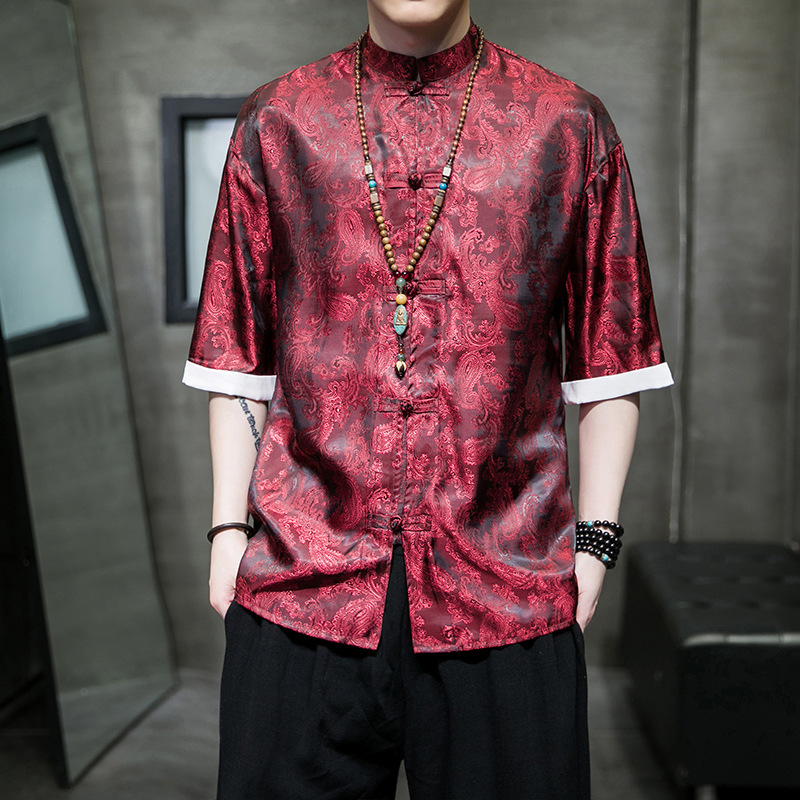 Ice Silk Tang Suit Chinese Style Summer Thin Short-sleeved Shirt Men's Retro Loose Hanfu plus size Half-sleeved Shirt