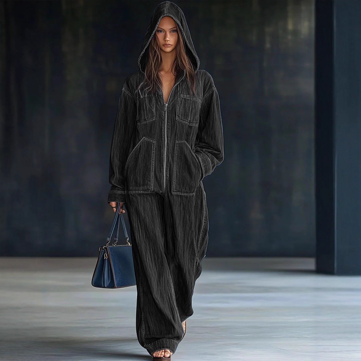 Autumn and Winter New European and American Style Hooded Jumpsuit Jeans for Women, Autumn and Winter New American High Street Pants, Spring Outfit with a Relaxed and Lazy Vibe