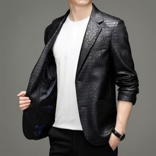 【新品】春秋皮衣男皮西装领短款中年男士休闲西服外套大码968