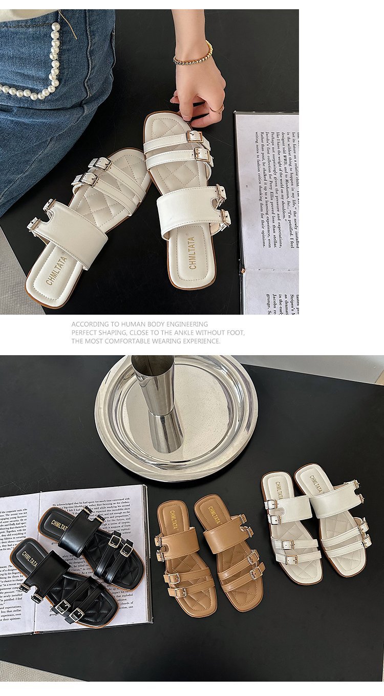 2023 neue bequeme flache Hausschuhe, Sommer-Strandschuhe für Damen im Freien, Doppelschnalle, stilvolle Einriemen-Lazy-Sandalen_voghion.com