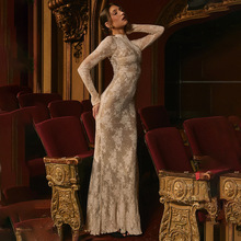 欧美蕾丝新款长袖圆领连衣裙性感辣妹法式修身镂空包臀长裙