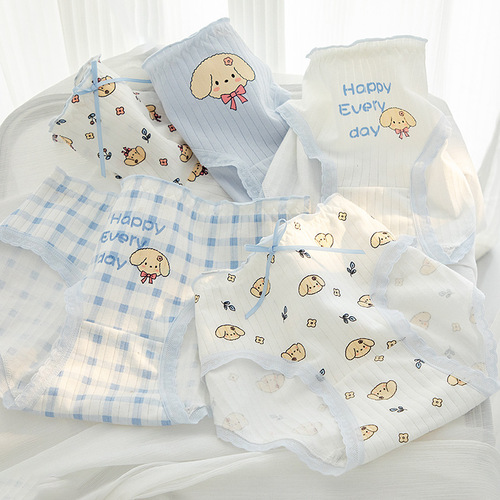 Blue cartoon cute women's underwear women's mid-waist antibacterial cotton crotch shorts girl student briefs