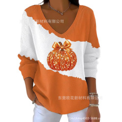 独立站新款跨境外贸欧美女装亚马逊 万圣节印花女装V领领仿毛衣
