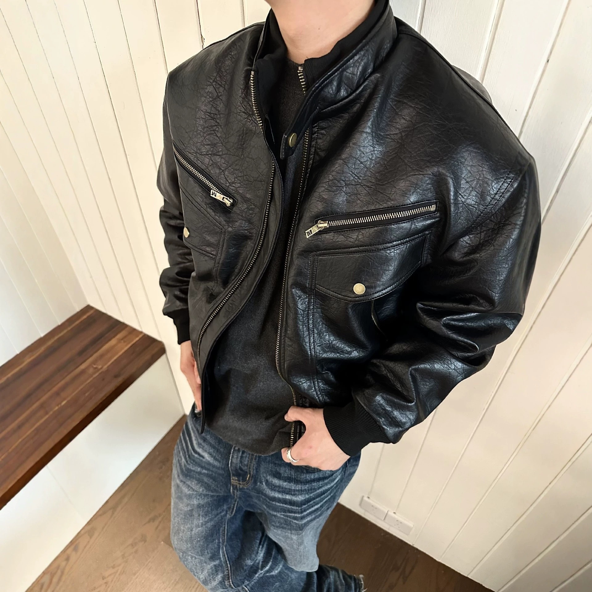美式复古荔枝纹PU皮衣夹克男士cleanfit高级感痞帅机车服短款外套
