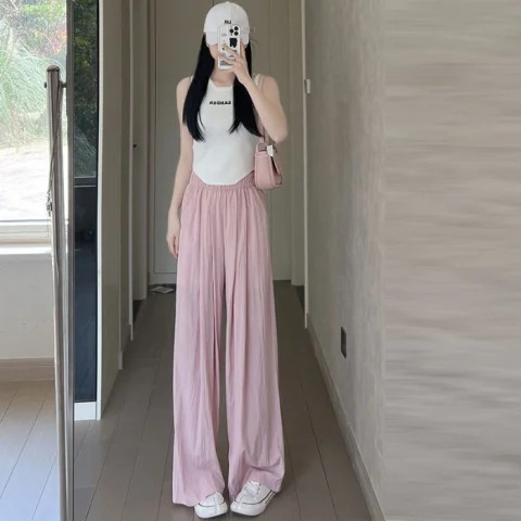 Cross-border Yamamoto ice silk high-waisted flowing relaxed wide-leg pants summer thin lazy pleated loose straight-leg pants for women