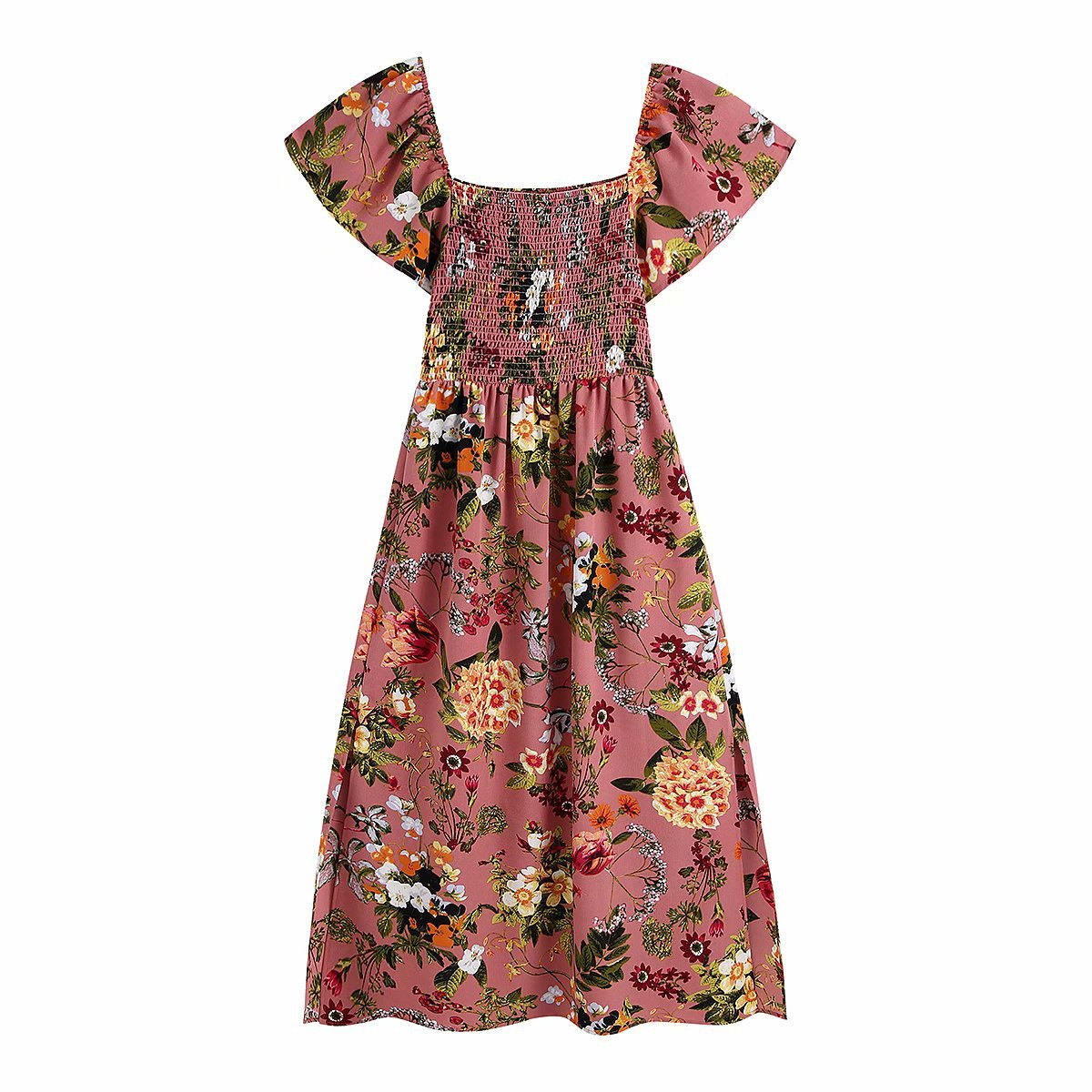 short-sleeved square neck high waist flower print midi dress  NSAM53199