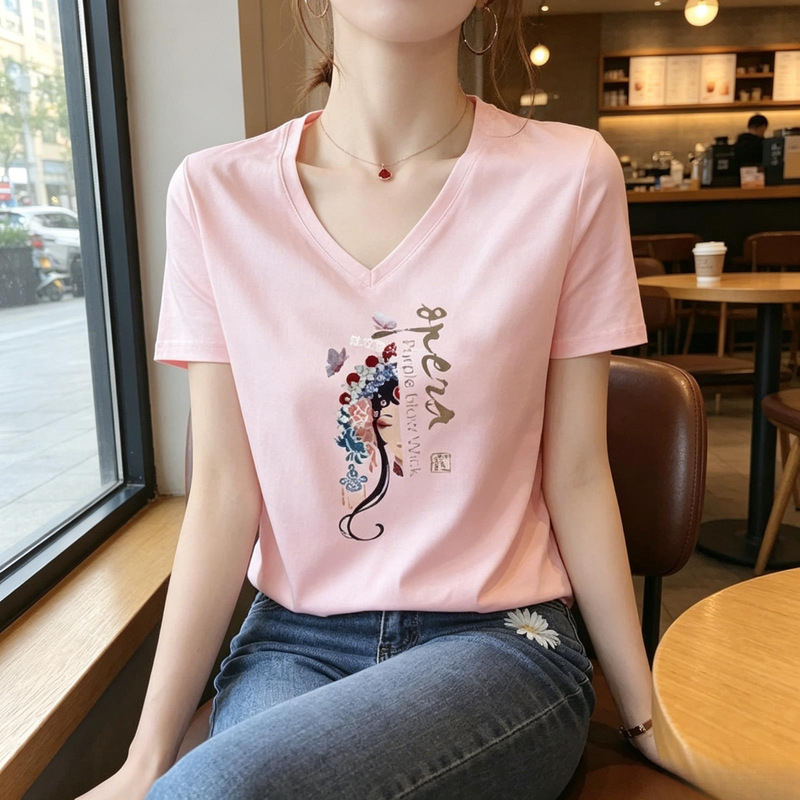 White Short-Sleeve T-Shirt for Women, 2026 New Popular Summer Style, National Trend V-Neck Top, Pure Cotton Printed Trendy Ins Women's Fashion
