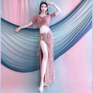 Belly Dance Clothing 2025 Spring and Summer New Style V-Neck Oriental Dance Performance Clothing Bean Paste Color Embroidered Hip Scarf Suit for Women