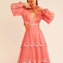 2023秋季新款小众雪纺花边拼接长袖性感露腰纯色长款连衣裙女