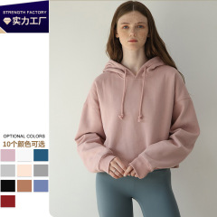 ショート丈フード付きスウェットシャツ、裏起毛、欧米風スポーツスタイル、ゆったり、レディース、春秋新作、シンプル、長袖トップス
