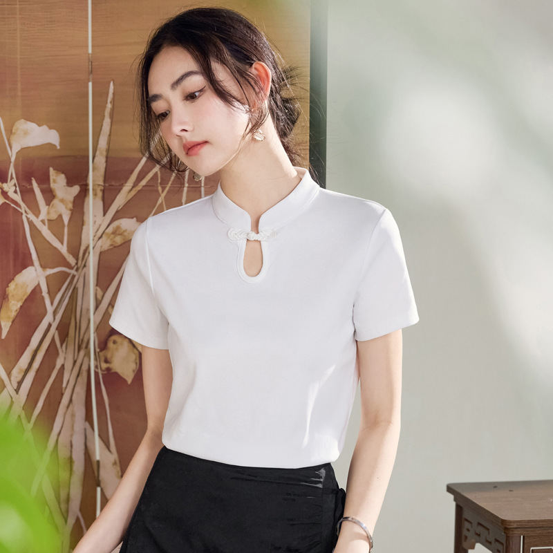 9886 # 2026 Summer New Short-Sleeved T-Shirt for Women, New Chinese Style, Elegant National Style Cotton Top, One-Piece Wholesale Source