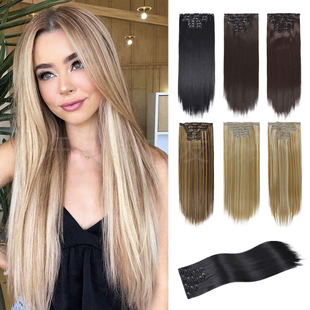 European and American 6-piece clip hair extension piece women's long straight hair wig piece 16 card wig piece seamless hair extension piece