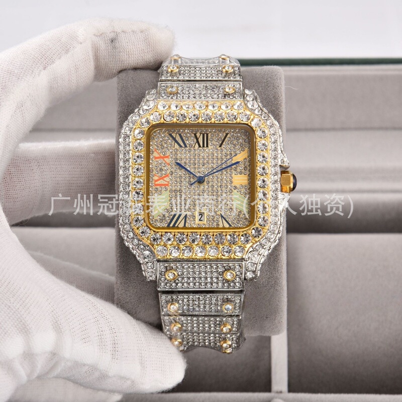 2025 Hot-Selling Classic Style New Luxury Full Diamond Square Cross-Border Men's Quartz Watch Fashion Party