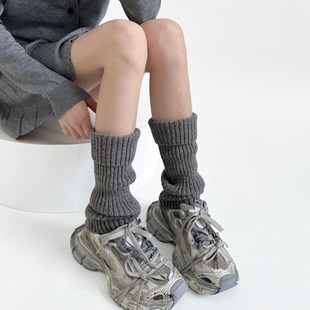 Autumn and Winter New Color Point Floral Yarn Flanging Socks Leg Protector Oatmeal Color Wool Foot Cover Warm Simple All-match Grey