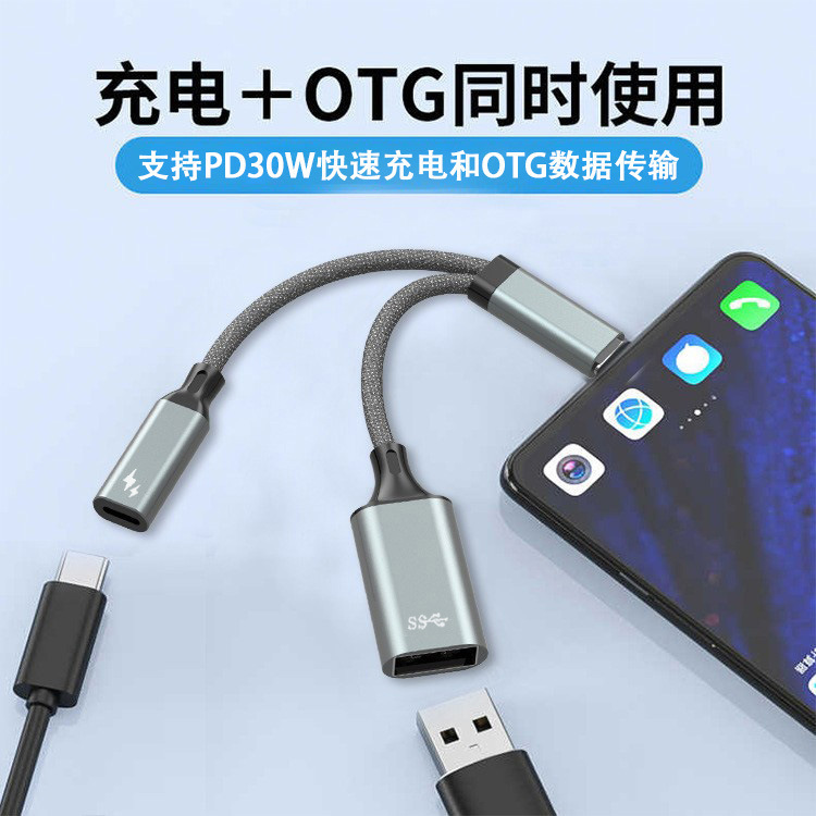 Multi-function type-c two-in-one patch cord PD30w fast charging OTG for Ipad Pro iphone