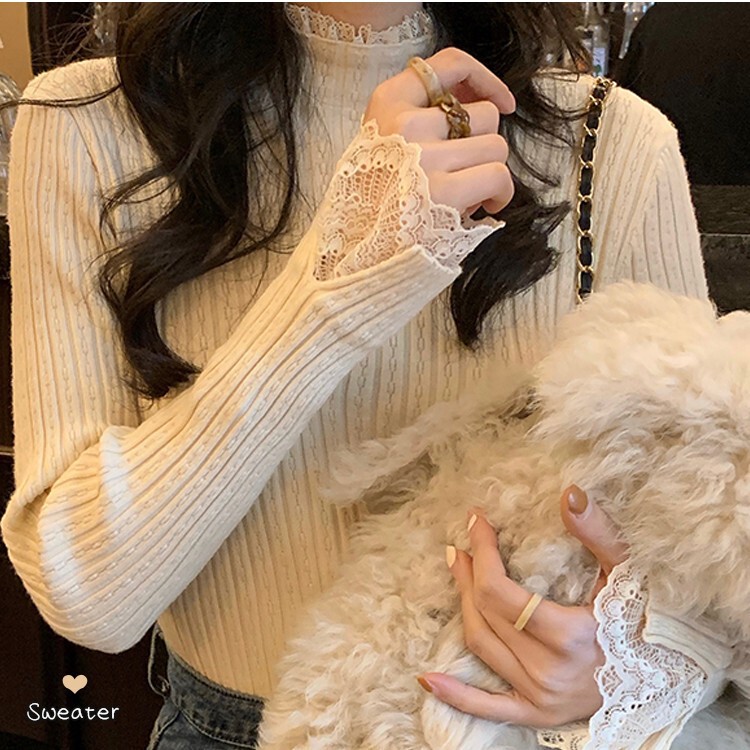 Women's French-style stitching lace inner sweater autumn and winter new slim-fit slimming half turtleneck sweater bottoming shirt top