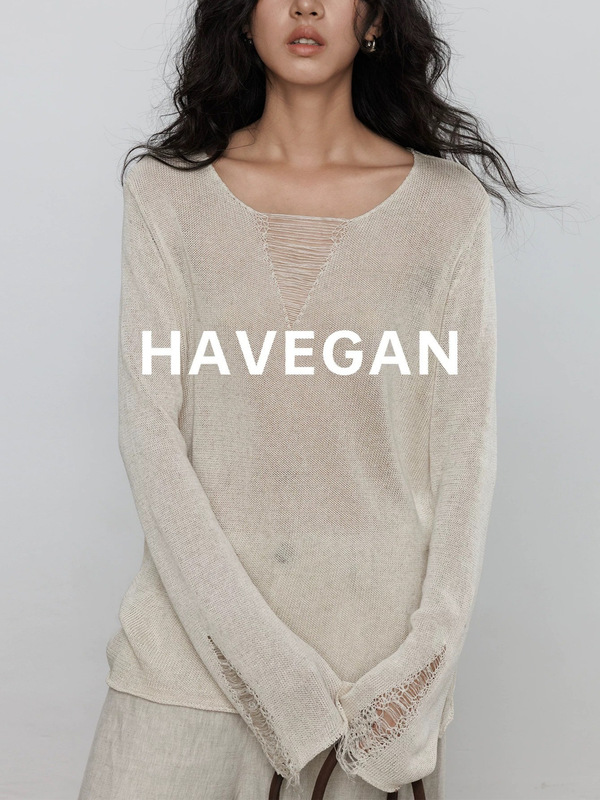 与间HAVEGAN/秋季v领天丝亚麻长袖设计感针织衫女宽松老钱风上衣|undefined