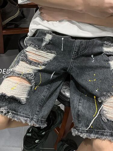 Men's Summer Trend Brand American Grit Street Style Relaxed Pants with Water Washed Ripped Denim Shorts and Frayed Hem Design