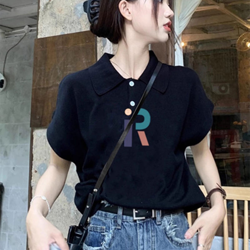 Black Polo Collar 2026 Summer New Slim-Fit Regular Shoulder Printed Short-Sleeve T-Shirt Women's Top Ins