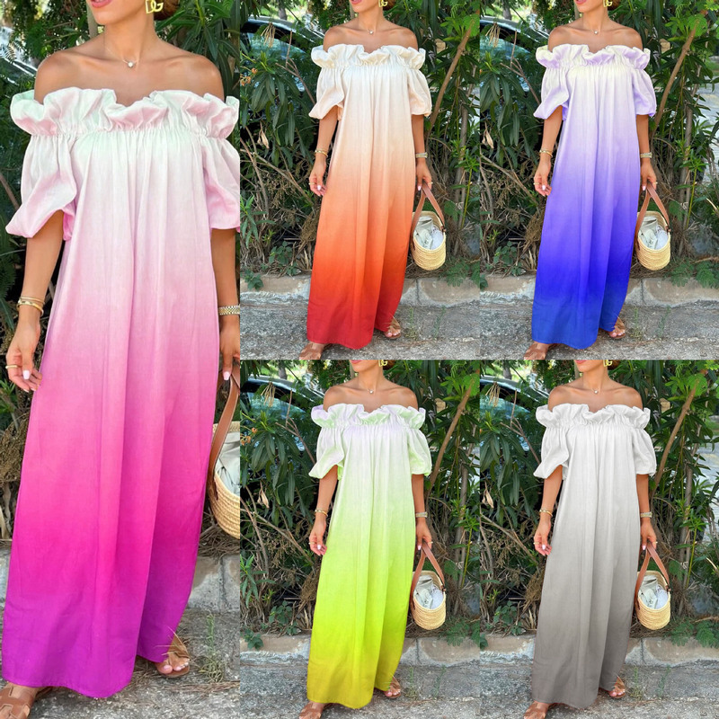 European and American Cross-Border Foreign Trade Summer New Gradient Color One-Shoulder Backless Lazy Puff Sleeve Loose Elegant Dress European and American Cross-Border Foreign Trade Summer New Gradient Color One-Shoulder Backless Lazy Puff Sleeve Loose Elegant Dress