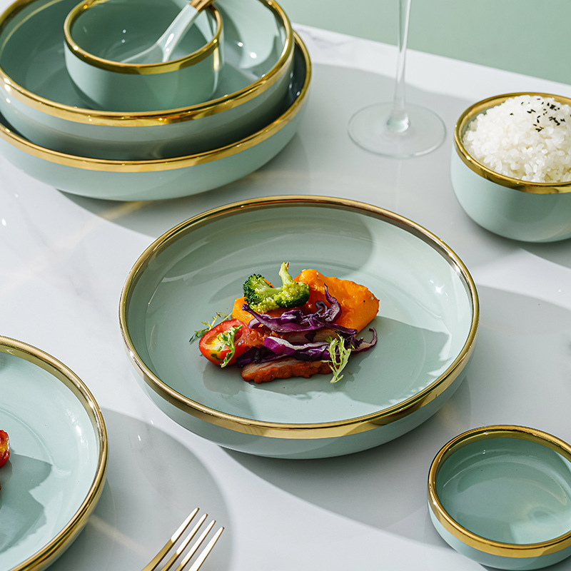 Tazón de lujo ligero y palillos placa combinación hogar creativo tazón de sopa de cerámica nórdica plato de pescado Internet celebridad borde dorado vajilla tazón y plato traje