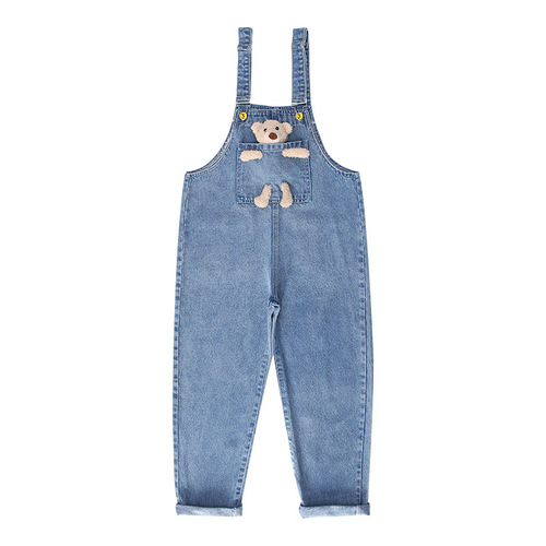 Girls jeans cute pocket bear denim overalls Korean style spring girls pants new spring and autumn trousers