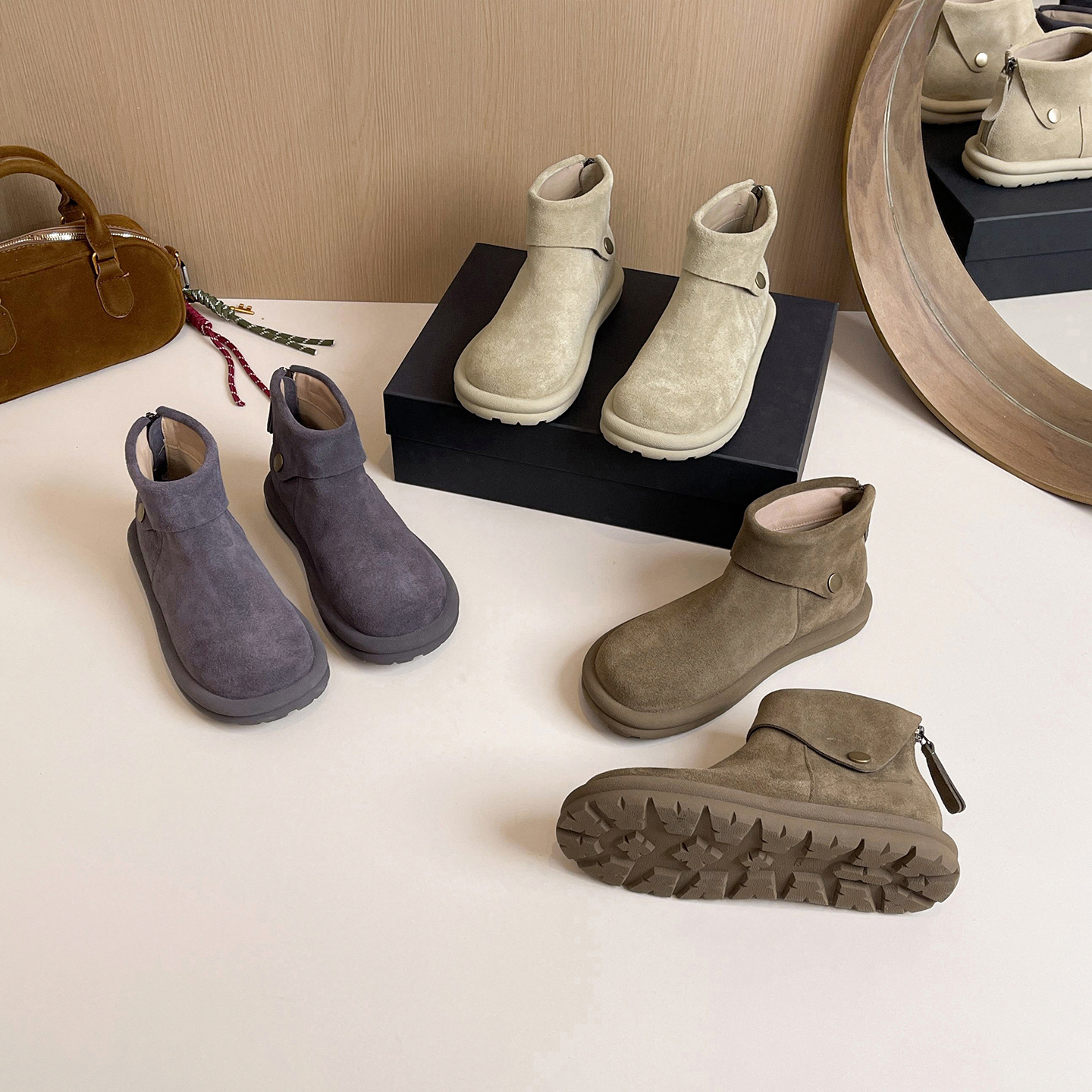 Genuine Leather Retro Birkenstock Shoes for Women, Nubuck Leather Thick Soles, British Women's Boots, Lazy Style Boots, Short Boots with Back Zipper