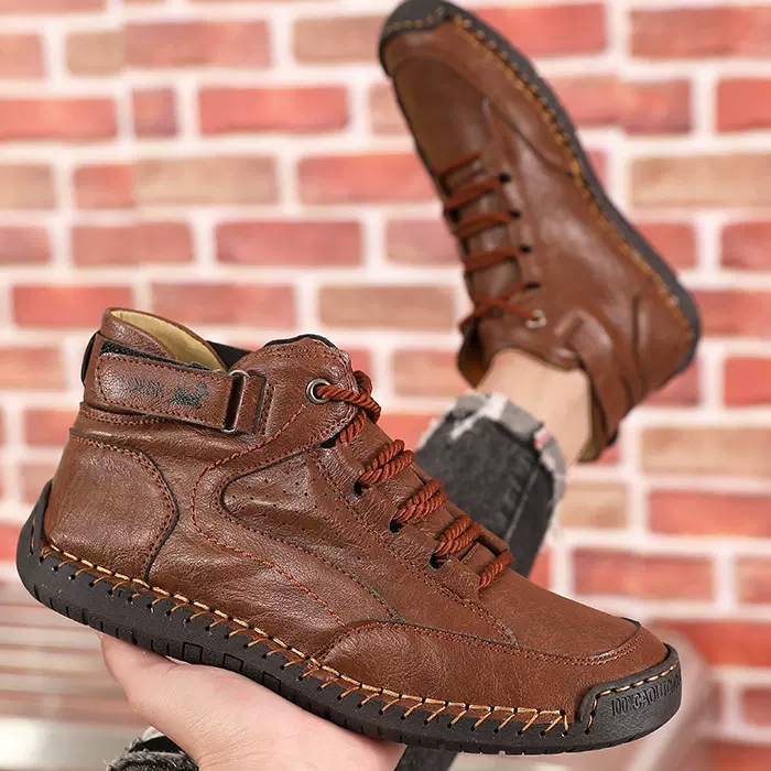 跨境爆款大码 男士皮靴男士时尚潮流手工缝线踝靴 平底系带休闲鞋