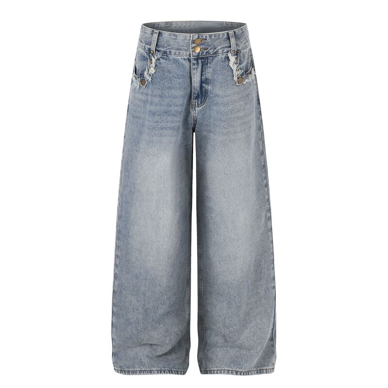 American-Style Distressed Frayed Pocket Button Design Jeans for Men and Women, Summer Mid-Waist Loose Slimming Wide-Leg Pants