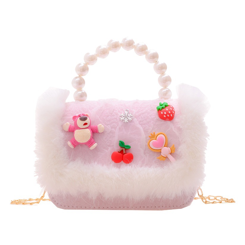Bolso de princesa de las niñas al por mayor estilo coreano perla bolso peludo estilo Chanel hombro mensajero bolsa accesorios monedero