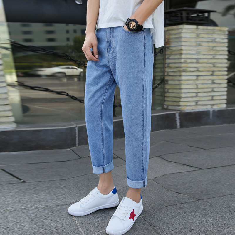 Blue Pants Men's Slim Straight Jeans Men's Tapered Casual Large Size High-End Harem Nine-Point Pants Spring School